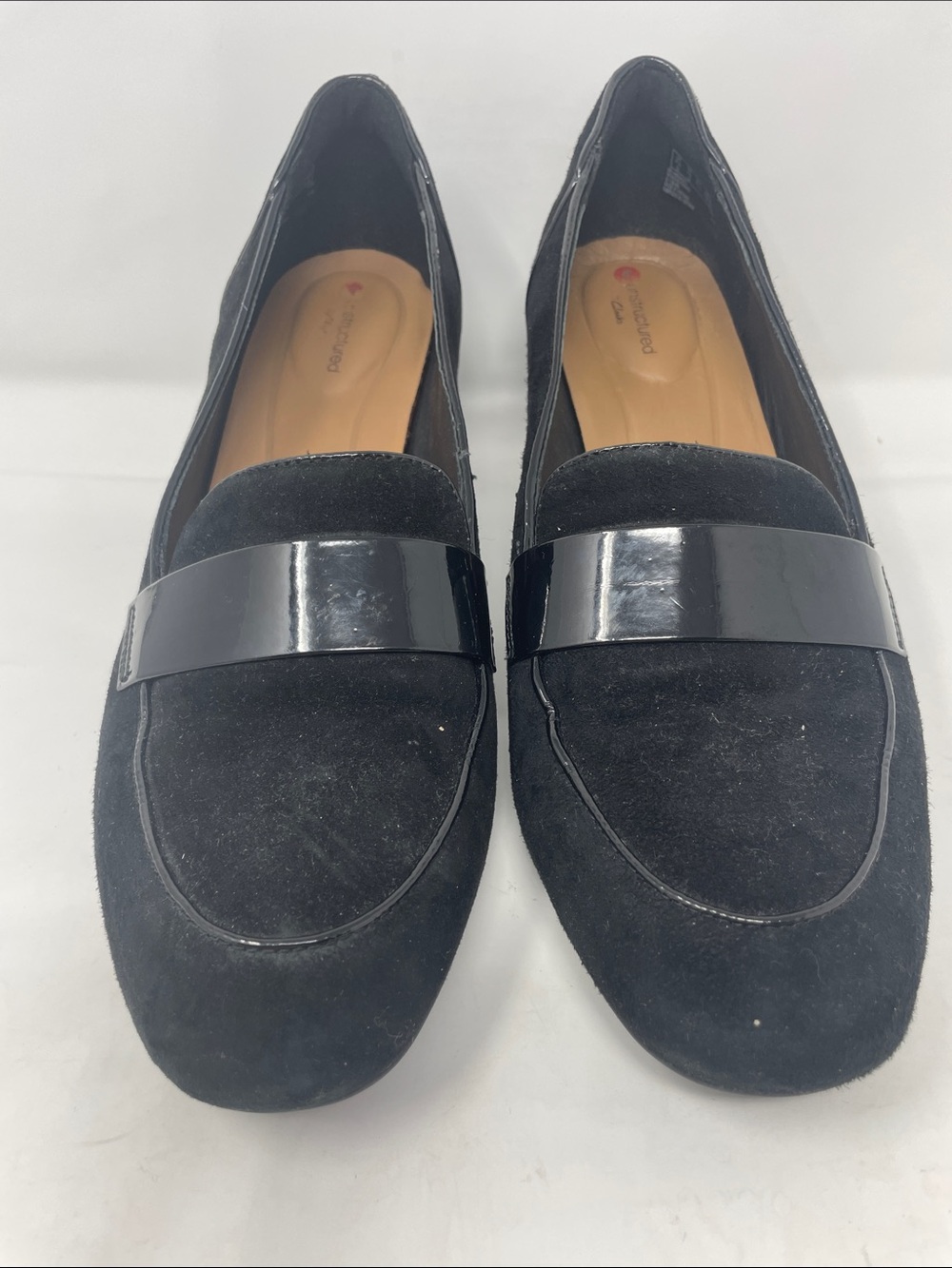 Clarks Black Suede-Like Heeled Loafers With Patent-Like Strap Size 10
